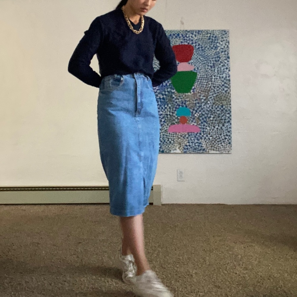 midi denim skirt with slit back detail